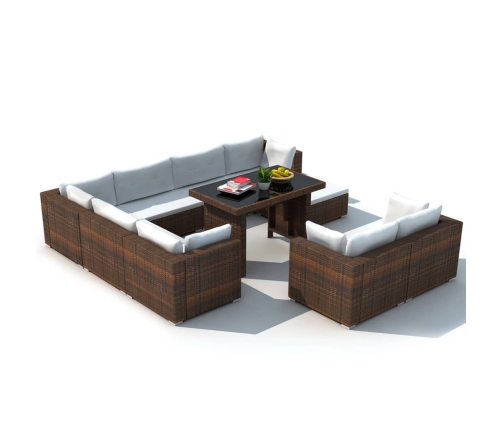 Set muebles de jardín 10 pzas y cojines ratán sintético marrón