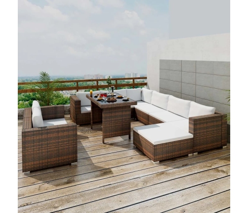 Set muebles de jardín 10 pzas y cojines ratán sintético marrón