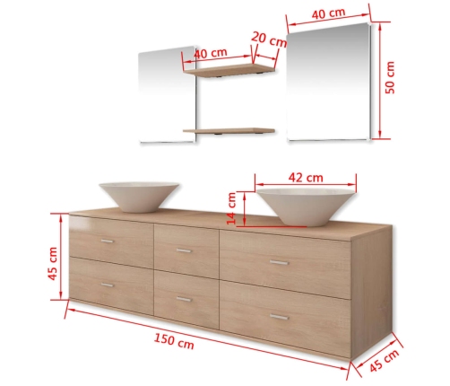 Conjunto de muebles de baño y lavabo 7 piezas beige