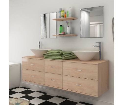 Conjunto de muebles de baño y lavabo 7 piezas beige