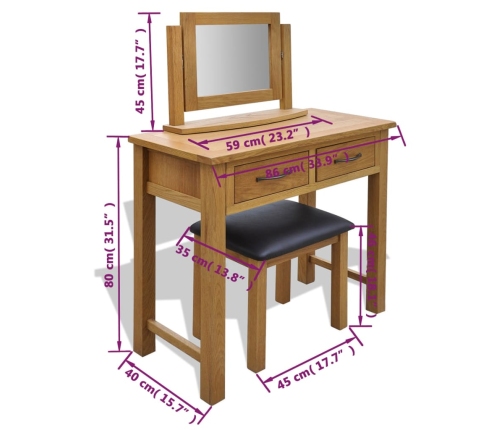 Tocador con taburete de madera maciza de roble