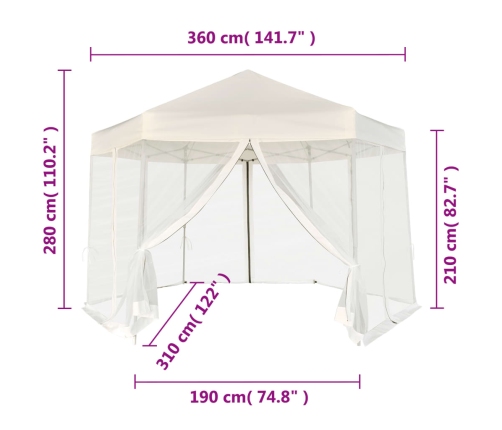 Carpa desplegable hexagonal 6 paredes blanco crema 3,6x3,1m