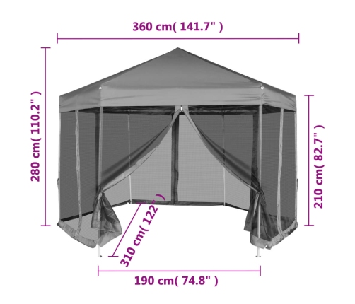 Carpa desplegable hexagonal 6 paredes laterales gris 3,6x3,1 m