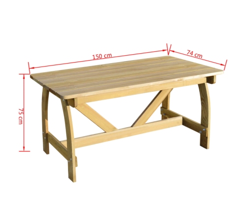 Mesa de jardín de madera de pino impregnada 150x74x75 cm