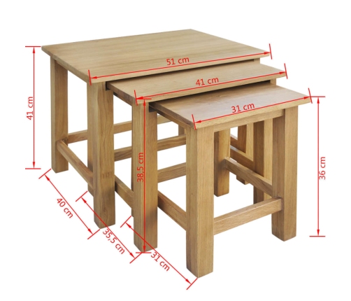Mesas apilables 3 unidades madera maciza de roble