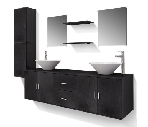 Conjunto de muebles de baño con lavabo y grifo 11 piezas negro