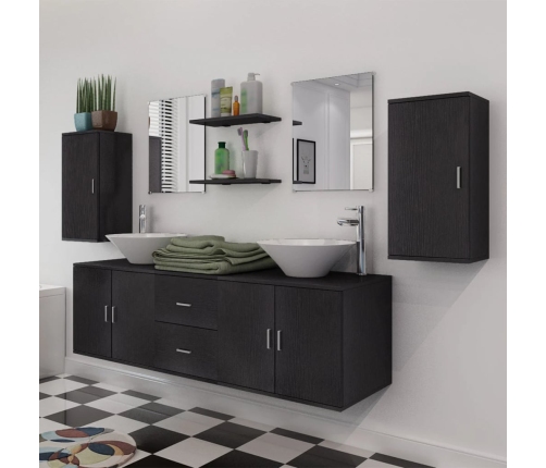 Conjunto de muebles de baño con lavabo y grifo 11 piezas negro