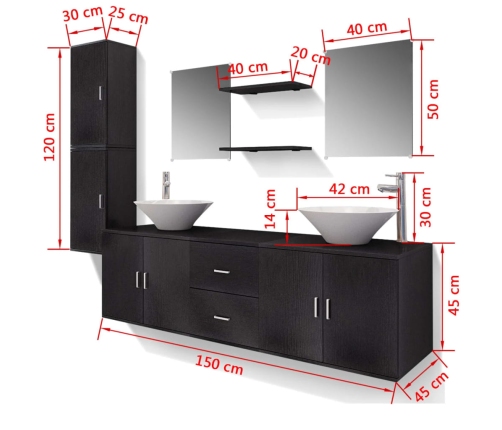 Conjunto de muebles de baño con lavabo y grifo 11 piezas negro