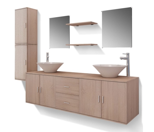 Conjunto de muebles de baño con lavabo y grifo 11 piezas beige