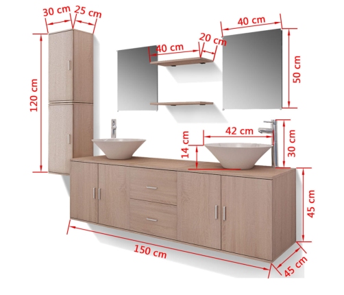 Conjunto de muebles de baño con lavabo y grifo 11 piezas beige