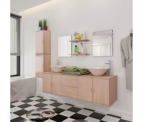 Conjunto de muebles de baño con lavabo y grifo 11 piezas beige