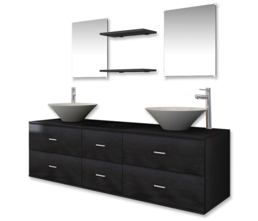 Conjunto de muebles de baño con lavabo y grifo 9 piezas negro