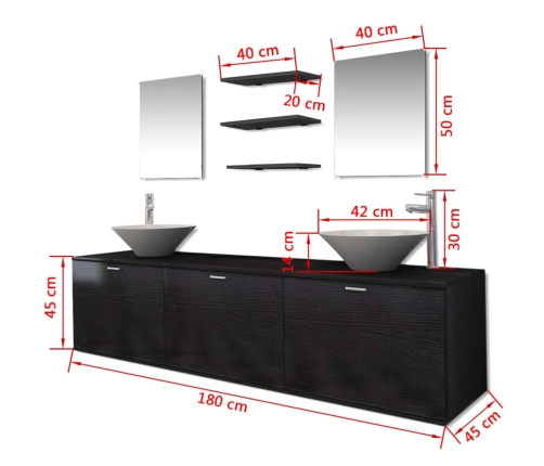 Conjunto de muebles de baño con lavabo y grifo 10 piezas negro