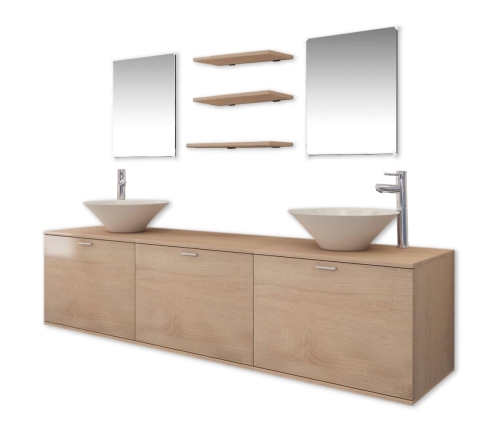 Conjunto de muebles de baño con lavabo y grifo 11 piezas beige