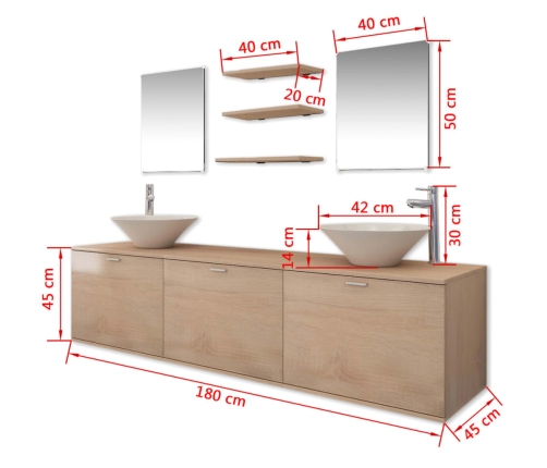 Conjunto de muebles de baño con lavabo y grifo 11 piezas beige