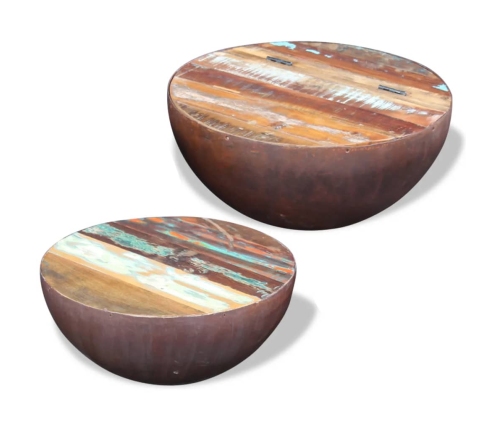 Set mesa de centro forma cuenco 2 uds madera maciza reciclada