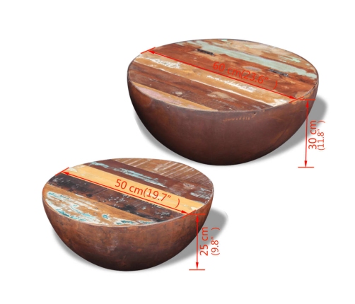 Set mesa de centro forma cuenco 2 uds madera maciza reciclada