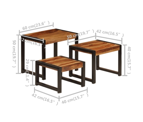 Mesas apilables 3 unidades madera maciza de sheesham