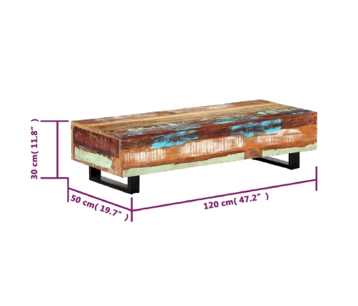 vidaXL Mesa de centro madera maciza reciclada y acero 120x50x30 cm