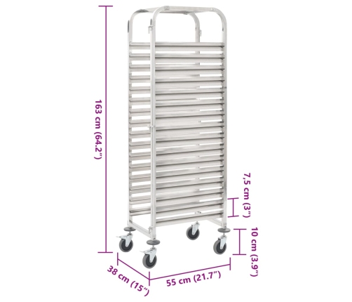 Carrito de cocina 16 bandejas acero inoxidable 38x55x163 cm