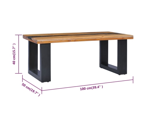 vidaXL Mesa de centro madera maciza de teca y poliresina 100x50x40 cm