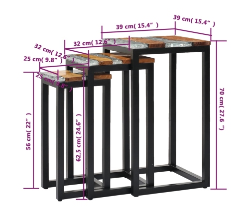 Mesas apilables 3 unidades madera maciza de teca y polirresina
