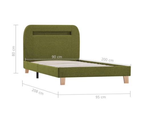 Estructura de cama con LED tela verde 90x200 cm