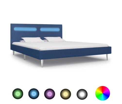 Estructura de cama con LED tela azul 180x200 cm