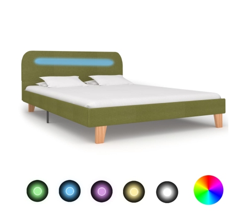 Estructura de cama con LED sin colchón Tela verde 135x190 cm