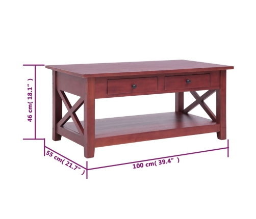 Mesa de centro de madera maciza de caoba marrón 100x55x46 cm