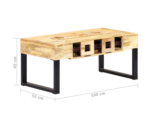 Mesa de centro estilo cassette madera maciza mango 100x52x45 cm