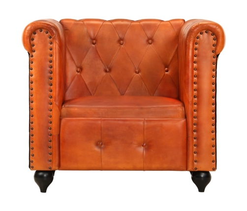 Sillón Chesterfield de cuero auténtico marrón canela