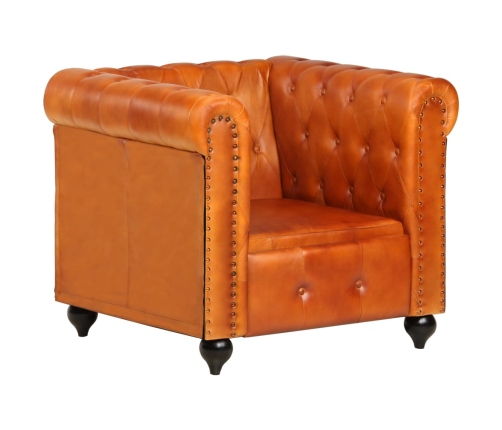 Sillón Chesterfield de cuero auténtico marrón canela