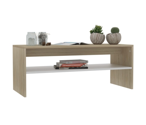 Mesa de centro madera contrachapada blanco y roble 100x40x40 cm