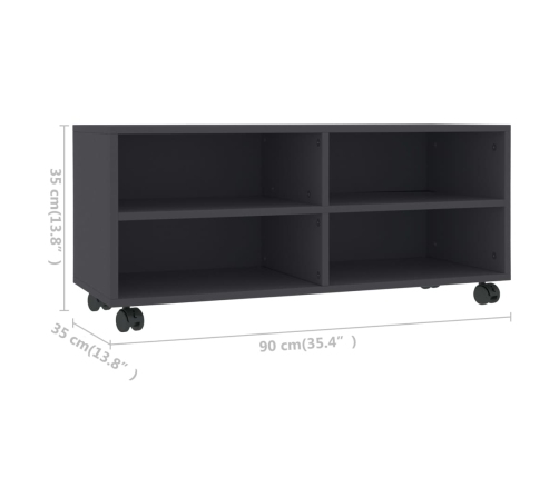 Mueble de TV con ruedas madera contrachapada gris 90x35x35 cm