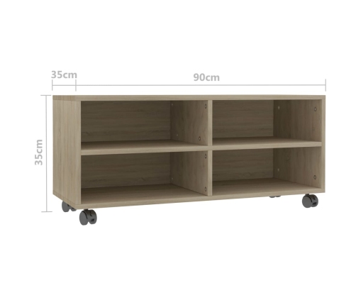 Mueble de TV ruedas madera contrachapada color roble 90x35x35cm