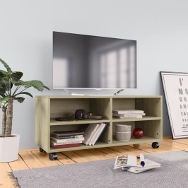 Mueble de TV ruedas madera contrachapada color roble 90x35x35cm