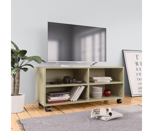 Mueble de TV ruedas madera contrachapada color roble 90x35x35cm