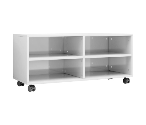 Mueble de TV con ruedas contrachapada blanco brillo 90x35x35 cm