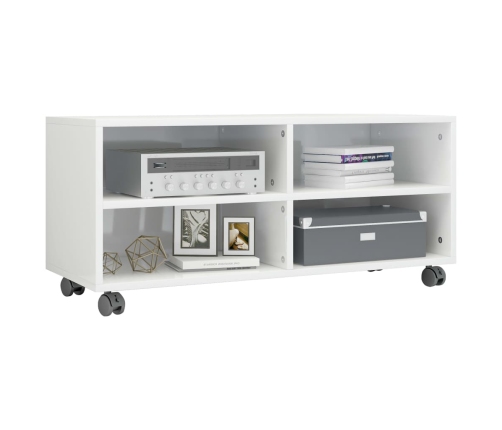 Mueble de TV con ruedas contrachapada blanco brillo 90x35x35 cm