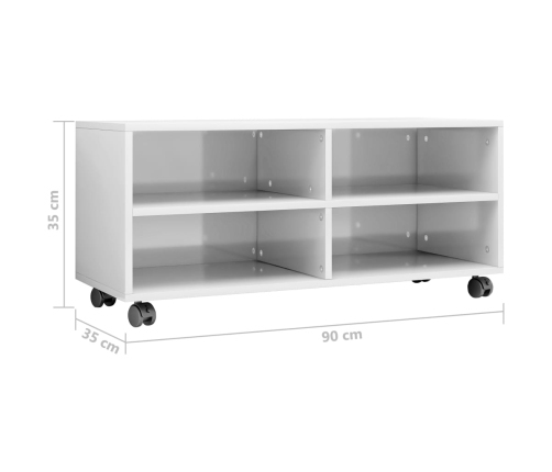 Mueble de TV con ruedas contrachapada blanco brillo 90x35x35 cm