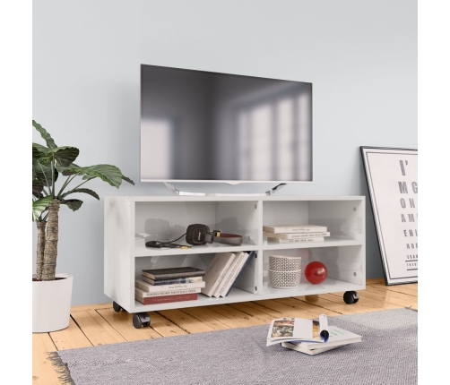 Mueble de TV con ruedas contrachapada blanco brillo 90x35x35 cm