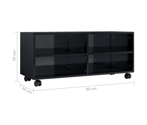 Mueble de TV con ruedas contrachapada negro brillo 90x35x35 cm