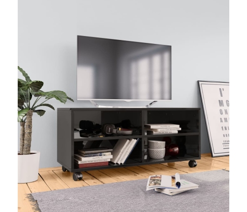 Mueble de TV con ruedas contrachapada negro brillo 90x35x35 cm