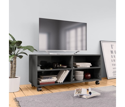 vidaXL Mueble de TV con ruedas contrachapada gris brillo 90x35x35 cm