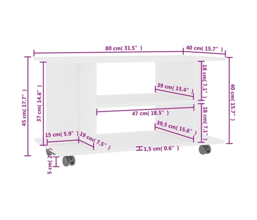 vidaXL Mueble de TV con ruedas madera de ingeniería blanco 80x40x45 cm