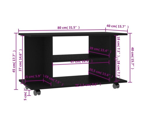 Mueble de TV con ruedas madera de ingeniería negro 80x40x45 cm