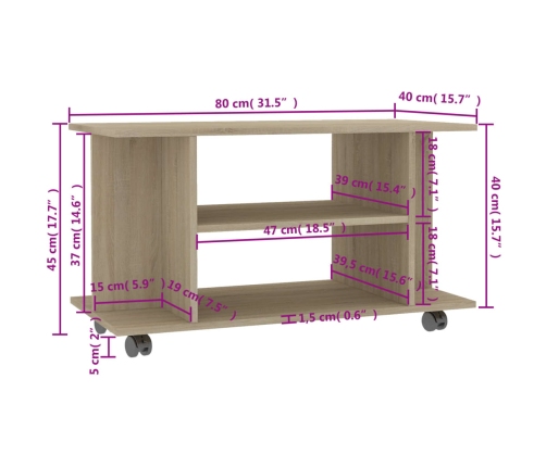 Mueble de TV ruedas madera ingeniería roble Sonoma 80x40x45 cm