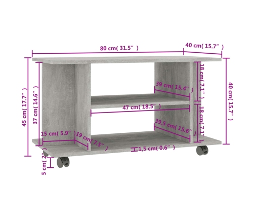 Mueble de TV ruedas madera ingeniería gris hormigón 80x40x45 cm