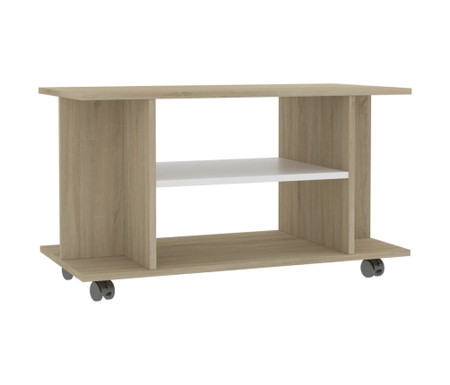 Mueble de TV ruedas madera ingeniería blanco y roble 80x40x45cm